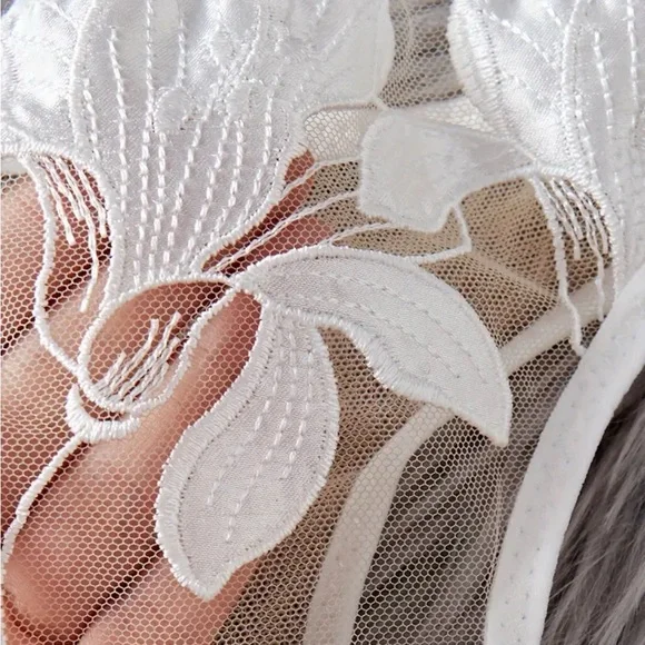 IZA Lotus Ivory Satin Embroidered Over Sheer Mesh Deep V Bustier Bra & Panties - Picture 9 of 15